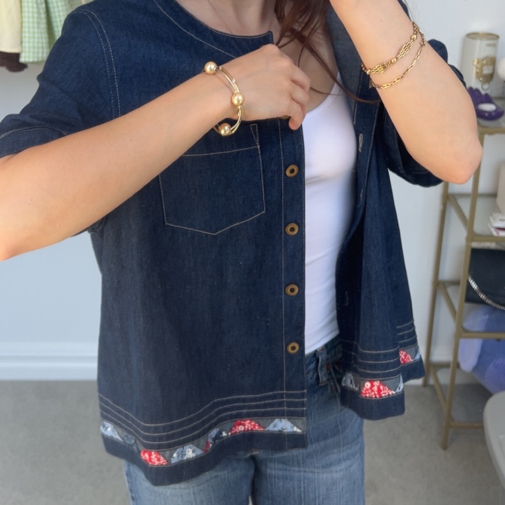Vintage Koret Denim Shirt with Red and Blue Floral Accents